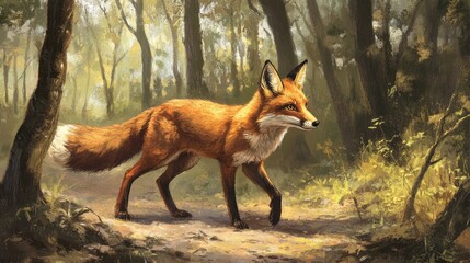Obraz premium Majestic Fox Walking Through a Sunlit Forest Path