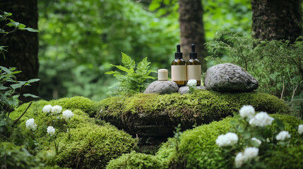 A serene forest scene featuring natural skincare products made from herbs and plants, artfully arranged on moss-covered rocks, surrounded by vibrant greenery and soft, dappled sunlight.