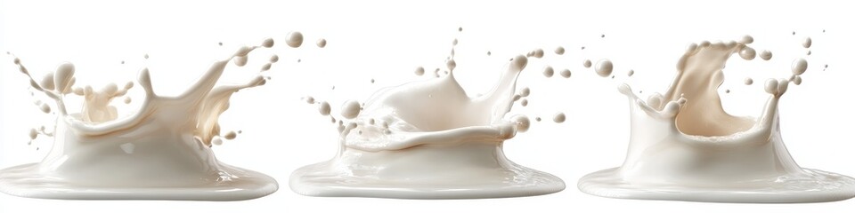 Three milk splashes isolated on white background.