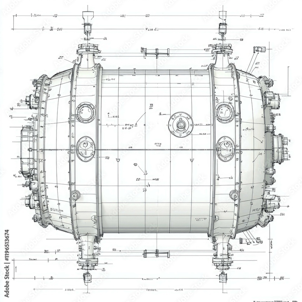 Poster detailed engineering blueprint: precise technical drawing of an industrial machine, system design, a