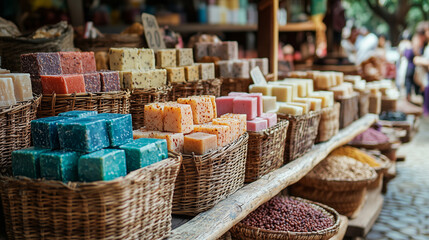 A traditional market stall offering handmade soaps, perfumes, and skincare products, surrounded by baskets filled with colorful ingredients, set in a warm, vibrant outdoor environment.