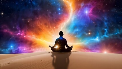 silhouette of a person meditating in yoga pose, glowing lights, meditation, self development, law of attraction, universe, mind power, focus, galaxy, colorful