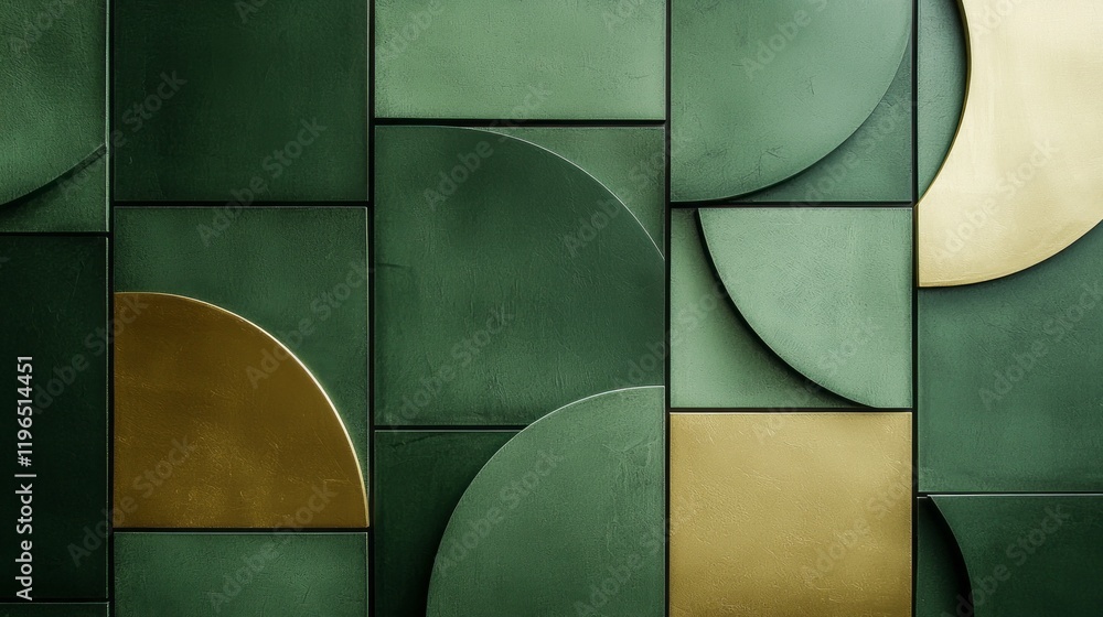 Poster the striking design features an arrangement of layered geometric patterns, combining rich greens wit