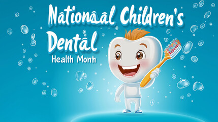 A vibrant cartoon-style image featuring a smiling tooth character holding a toothbrush, with "National Children’s Dental Health Month" written in large, fun bubble letters across the top,