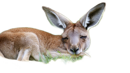 Fototapeta premium Relaxed Kangaroo Resting on Green Grass with Eyes Closed, Enjoying a Peaceful Moment in Nature, Capturing the Essence of Australian Wildlife in a Calm Environment