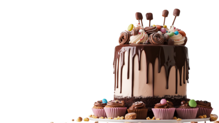 Modern beautiful cake with chocolate pouring from bottom to the top Decorated with colorful sweets cupcakes cookies and toffees isolated on a white background