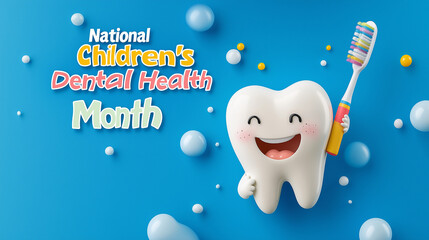 A vibrant cartoon-style image of a tooth character holding a toothbrush and smiling brightly, with "National Children’s Dental Health Month" written in large, playful bubble letters across the top,