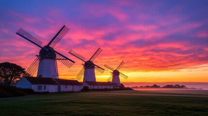 Naklejka premium Windmills silhouetted against a vibrant sunrise sky.