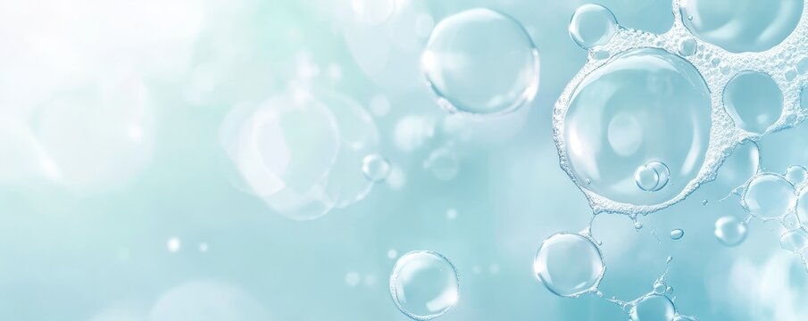 Abstract background of many light blue soap bubbles and foam.