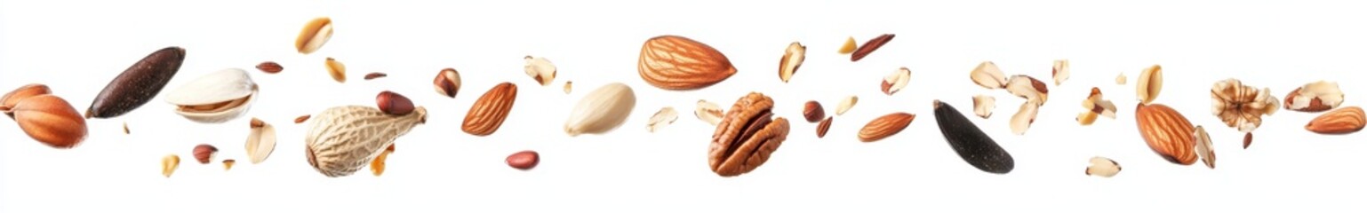 Assorted nuts and seeds mix floating on white background.