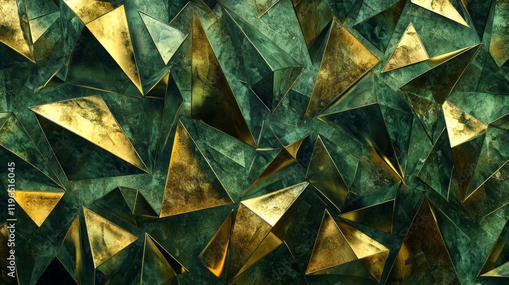 Poster A striking composition of sharp olive green triangles, arranged in a dynamic pattern that plays with light and shadow, showcasing an intriguing blend of colors and shapes