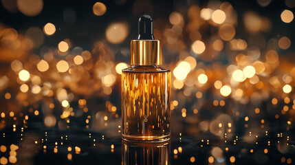 Naklejka premium An elegant concept of luxury body oil in a glass dropper bottle, captured with golden lighting and reflective effects, emphasizing its richness and luxurious texture.