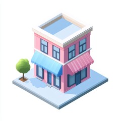 Isometric illustration of a pink two-story building with awnings and a small tree.