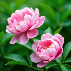 Fototapeta premium Soft pink peonies in full bloom on a lush green background, spring, nature, blossoms
