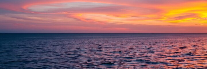Fototapeta premium vibrant sunset casting pink and orange hues over tranquil ocean waters, vibrant, horizon, dusk