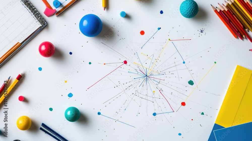 Fototapete hand-sketched map with dotted lines, colorful points, and location markers on a white workspace