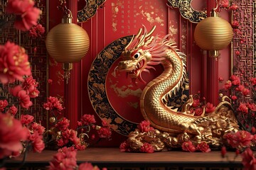 Fototapeta premium Rendered 3D Illustration for Happy Chinese New Year with Red Lanterns and Symbols