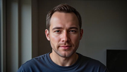 Obraz premium Close-up of serious adult man with furrowed brow illuminated by gentle window light in minimal setting