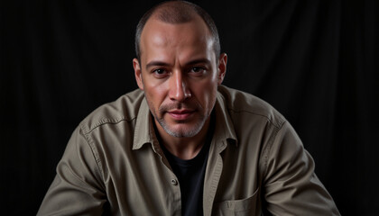 Obraz premium Intense adult man leaning forward with a serious expression in frontal lighting, photorealistic portrait