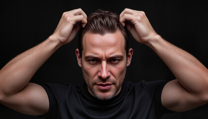 Frustrated adult man gripping his hair under diffused overhead light in a minimalistic setting