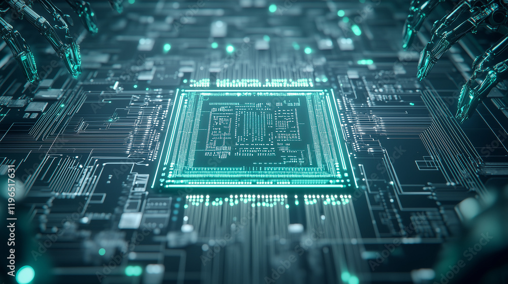 Poster cybernetic heart: a close-up view of a futuristic circuit board with a glowing teal central processi