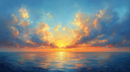 evening sky over the ocean, clouds ablaze with the last fiery glow of the sunset, merging sea and sky