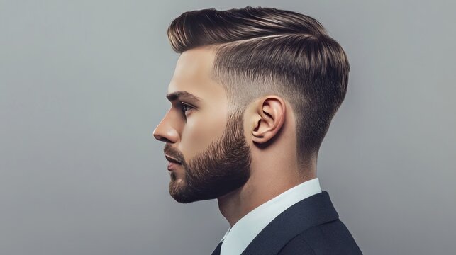 A side-parted, medium-length men's haircut on a neutral gray background, showcasing sophistication and style.