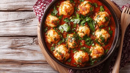 Savory Uzbek chuchvara dumplings bask in a vibrant tomato sauce, freshly garnished with herbs, inviting diners to indulge in a flavorful experience