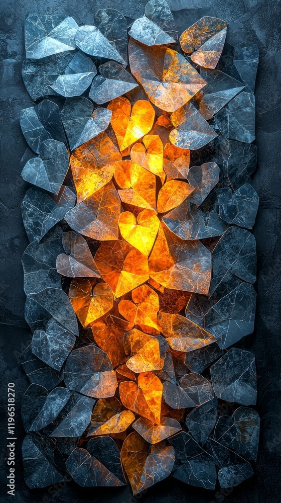 Poster sharp triangles of cool stone embrace radiant golden yellow light, creating a stunning contrast. thi