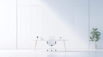 Fototapeta premium Minimalist Workspace Serenity: A pristine white office interior, bathed in soft light, features a sleek white desk with an ergonomic chair, a potted plant, and minimalistic decor.