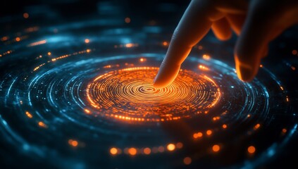 Fingertip activating glowing futuristic interface.