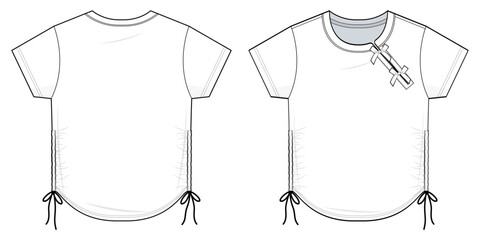 Ruched Side Tie baby tee Technical Fashion Illustration. T-Shirt with Asymmetrical Neckline with Bow Detail and Adjustable Side Drawstrings Vector Template. Front, back View. Relaxed Fit. CAD Mockup.
