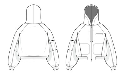 Utility Hooded Bomber Jacket Technical Fashion Illustration. Bomber Jacket with Three-Pocket Design Detail Vector Template. Front and Back View. Relaxed Fit. Raglan Sleeves. Ribbed. Unisex. CAD Mockup