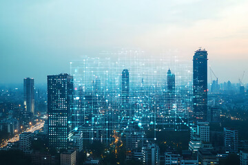 Fototapeta premium New Delhi city in the future. skyline of skyscrapers and the digital data stream connecting buildings