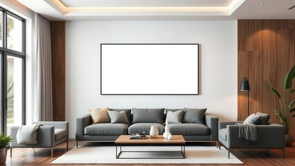 A modern living room with a sleek wall art mockup displayed prominently, mockup, coffee table, frame