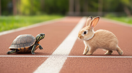 Ready, Set, Go!: A playful image depicting a turtle and a rabbit poised on a running track, ready for a race.  This humorous scene playfully alludes to the classic fable.
