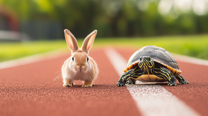 Ready, Set, Go!: A playful image featuring a rabbit and a turtle poised at the starting line of a running track, ready for a race. This image embodies themes of perseverance, competition.