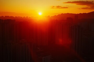 Fiery sunset over urban skyline.