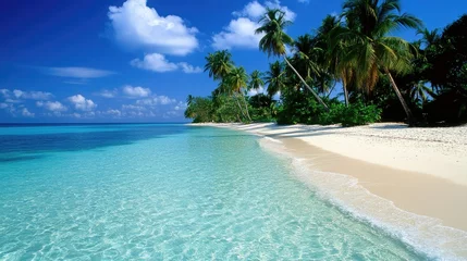 Poster de jardin  A tropical beach with crystal-clear turquoise waters, lined with lush green palm trees on the coast.  © Boonnam Burart