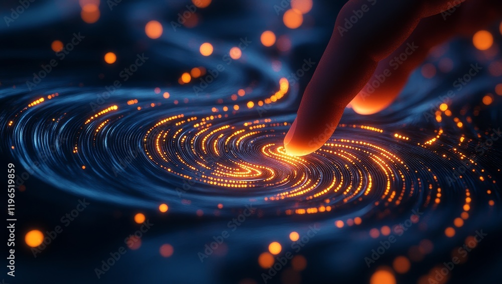 Poster fingertip interacting with swirling, glowing digital data streams.