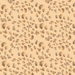 Leopard motifs, blots of wild animals on repeated background. Watercolor safari print of giraffe specks mocha colors isolated on white. Monochrome spots in brown. Camouflage background hand painted.