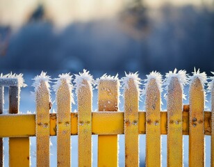 Fototapeta premium A frozen wooden fence covered with ice crystals