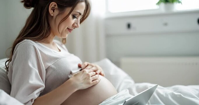 A pregnant woman stroking and patting her swollen belly. 02.