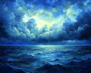 Fototapeta premium tranquil dawn light filters through storm clouds over a calm ocean