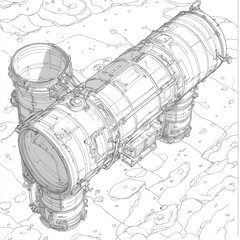 Futuristic Spacecraft: Detailed Line Art of a Space Station Module.  