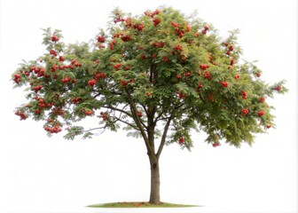 Naklejka premium Rowan Tree Isolated on White Background – Fresh and Lush Plant with Red Berries.