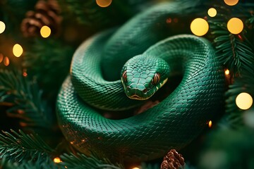 Fototapeta premium Close-Up View of a Vibrant Green Snake Showing Detailed Scales and Texture