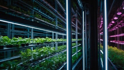 LED-lit vertical farm. Concept of Sustainable Agriculture. Agritech Concept and Innovation