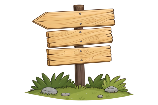 A wooden post with three blank directional arrow signs