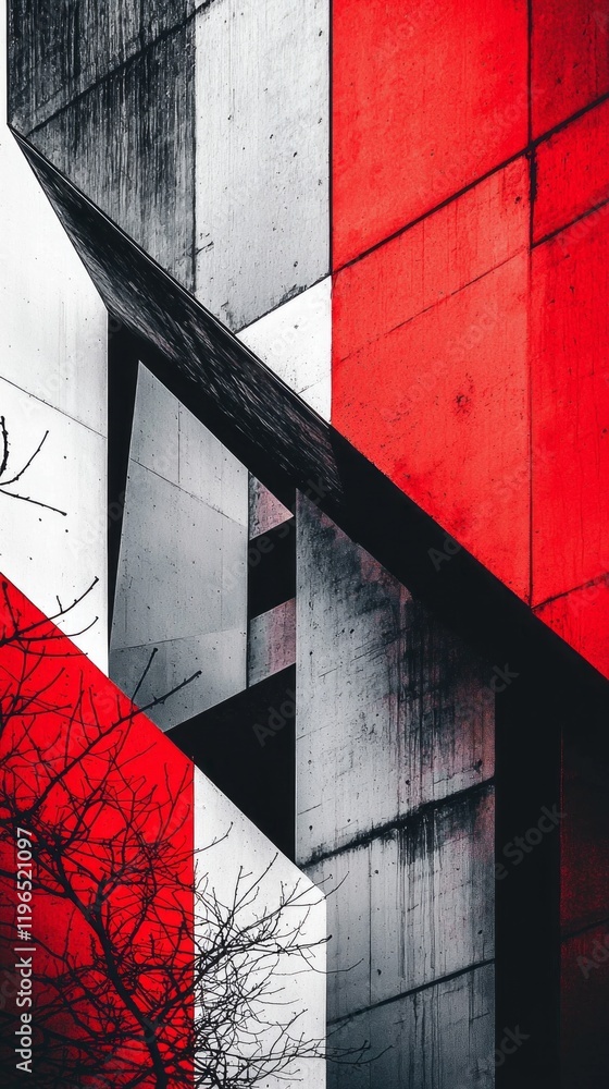 Poster bold geometric lines intertwine, showcasing vibrant red and gray hues that dominate an urban structu